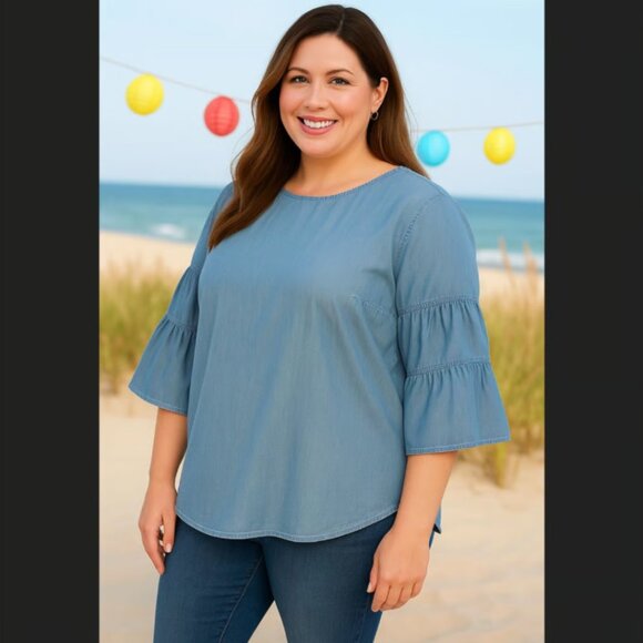 J. Jill Denim Blue Chambray Tiered Ruffle Bell Sleeve Blouse Top XLP Beachy READ - Picture 1 of 16